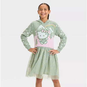 Sanrio Hello Kitty Girls Medium Green Kawaii Y2K Graphic Sweater Hooded Dress